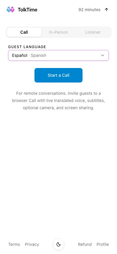 TolkTime call setup screen showing mode and language controls