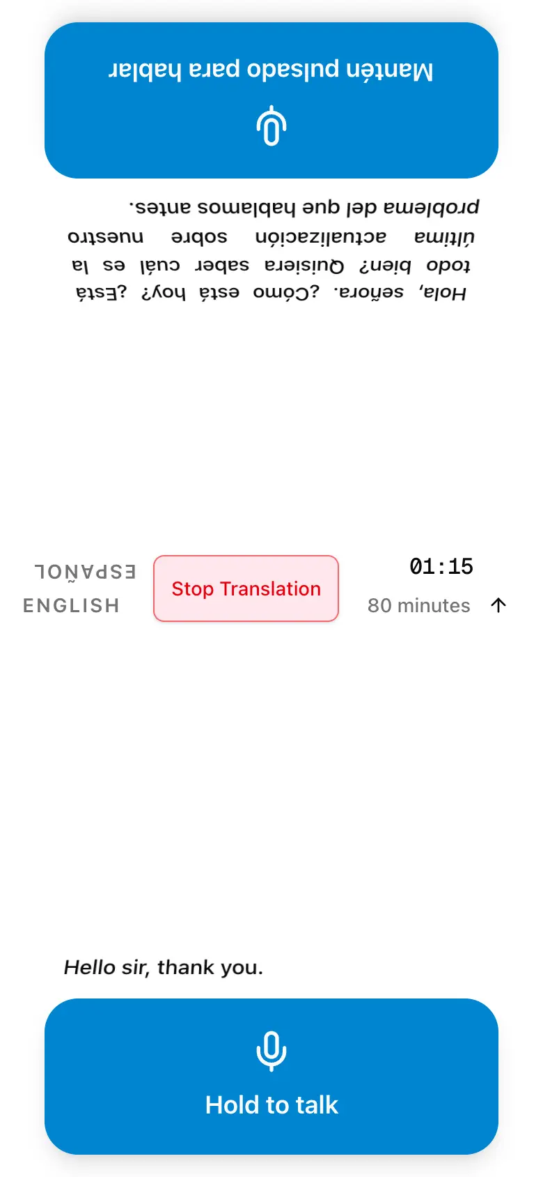 In-Person mode live translation screen with turn controls, captions, and translated voice