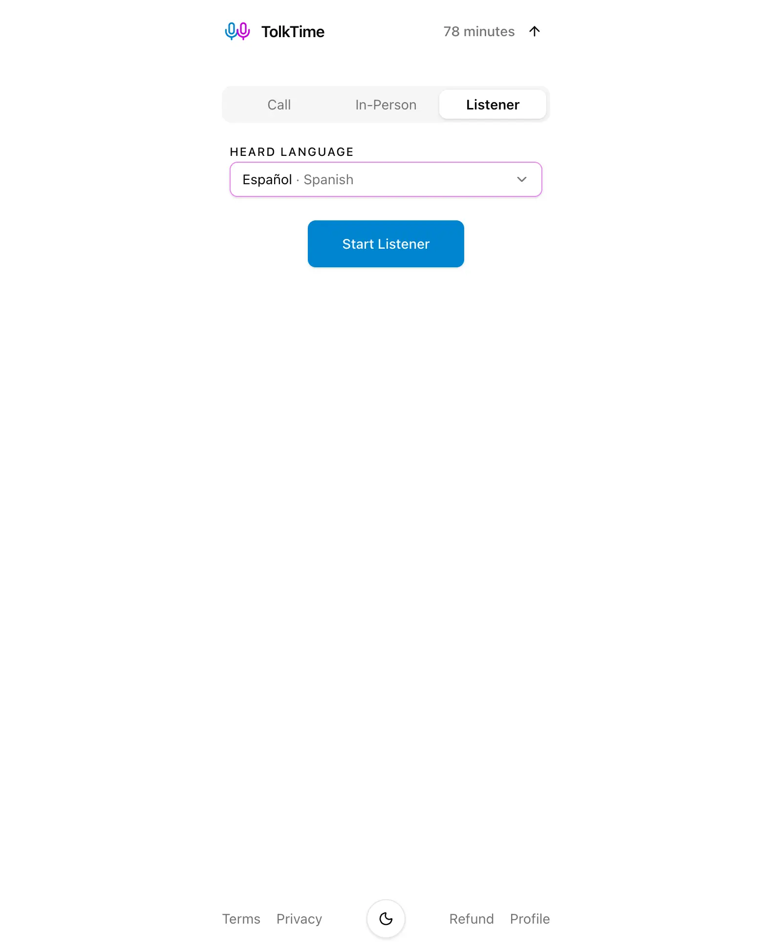 Listener mode setup screen with heard-language selection