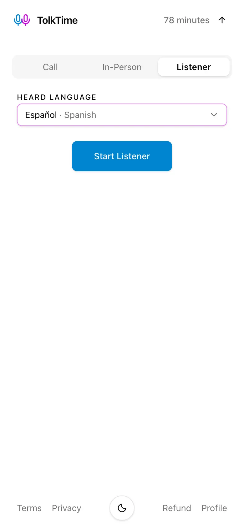 Listener mode setup screen with heard-language selection